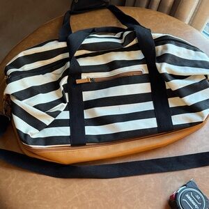 DSW Black and White Striped Duffel Bag with Tan Accents